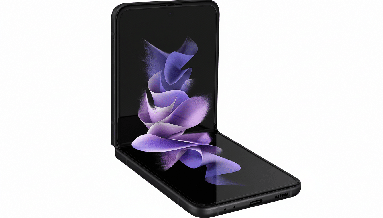 A black Samsung Galaxy Z Flip phone, partially folded, displaying a purple and white abstract design on its screen, set against a white background.