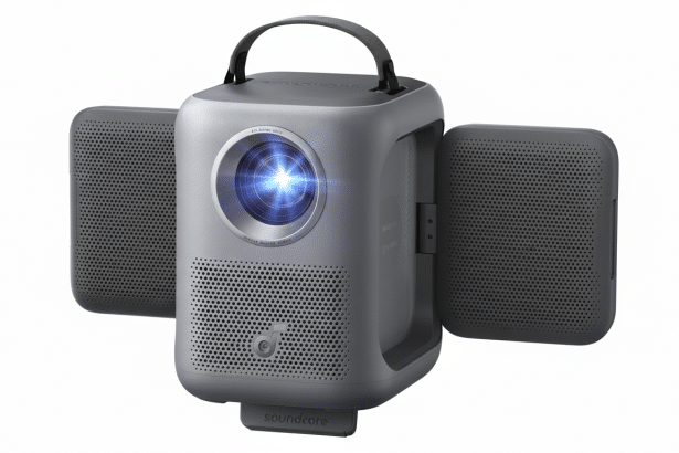 A gray Anker Nebula Mars II Pro portable projector with two detachable speakers, set against a clean white background.