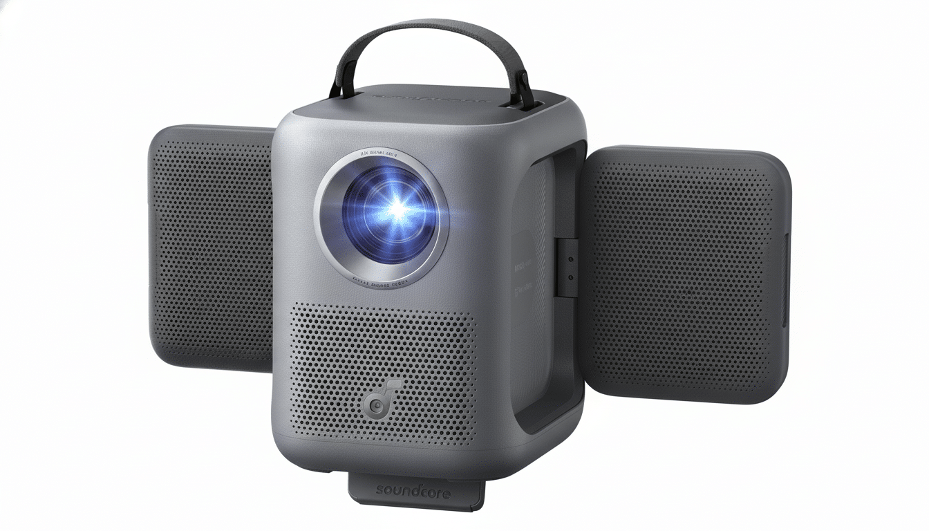 A gray Anker Nebula Mars II Pro portable projector with two detachable speakers, set against a clean white background.