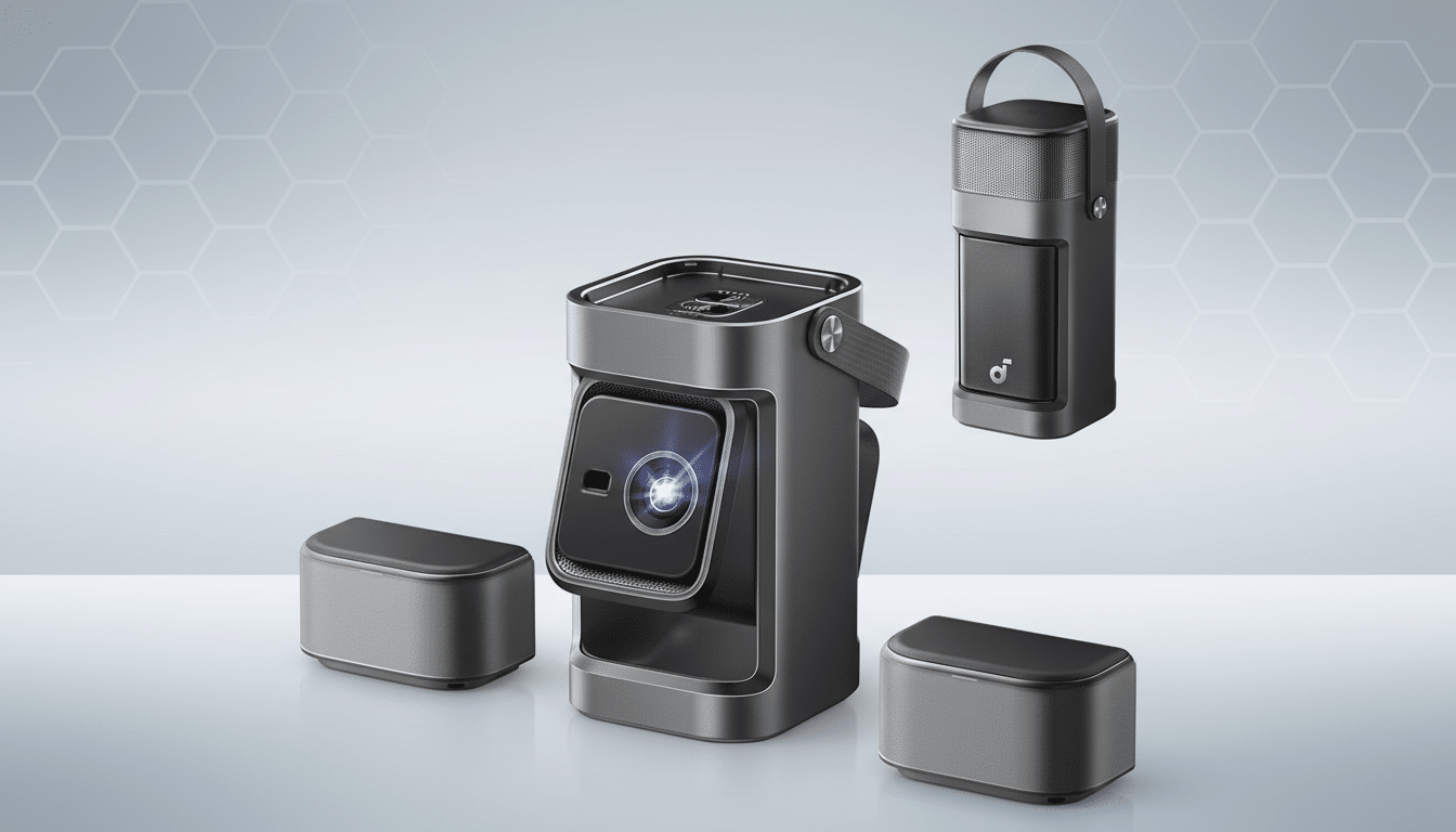 A professional 16:9 aspect ratio image featuring a dark gray portable projector with a glowing lens, two smaller rectangular speaker units, and a taller, cylindrical speaker with a handle, all arranged on a light gray background with subtle hexagonal patterns.