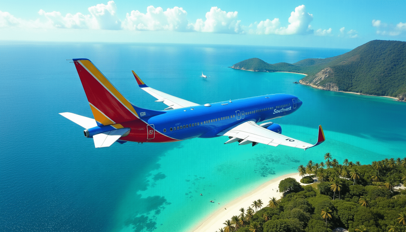 A Southwest Airlines plane flying over a tropical island with clear blue water and palm trees.