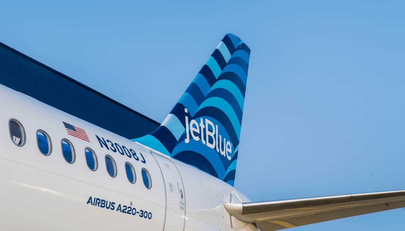 A close-up of the tail of a JetBlue Airbus A220-300 aircraft, featuring the airlines blue striped logo and jetBlue text against a clear blue sky.