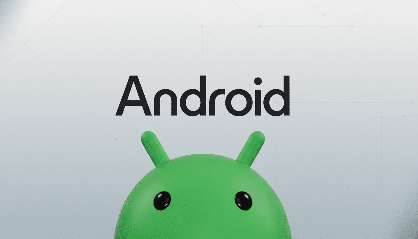 The Android logo, featuring the word Android in black text above the top half of the green Android robot mascot, set against a professional light gray background with subtle geometric patterns.