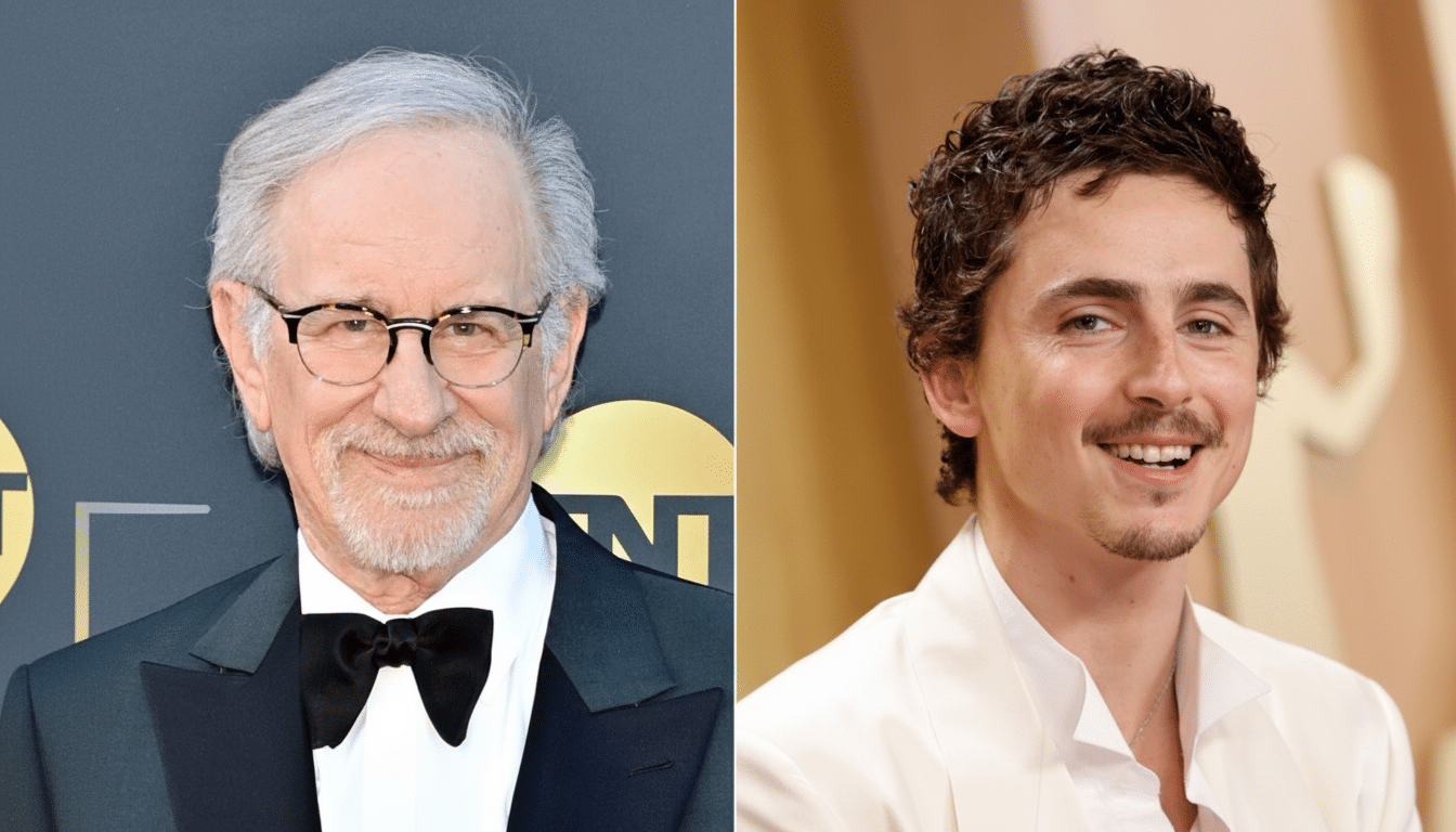 A split image showing Steven Spielberg on the left and Timothée Chalamet on the right, both smiling.