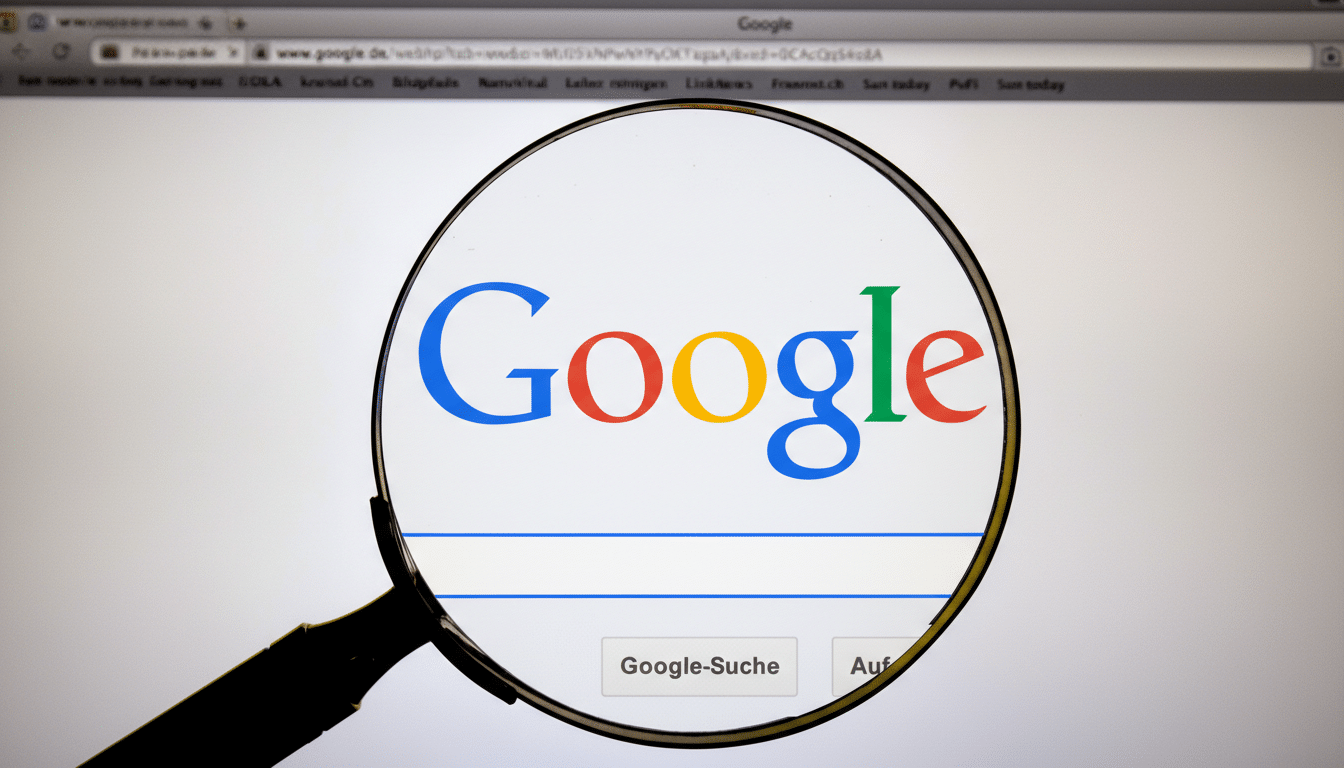 A magnifying glass over a computer screen displaying the Google search page, with the Google logo prominently visible.