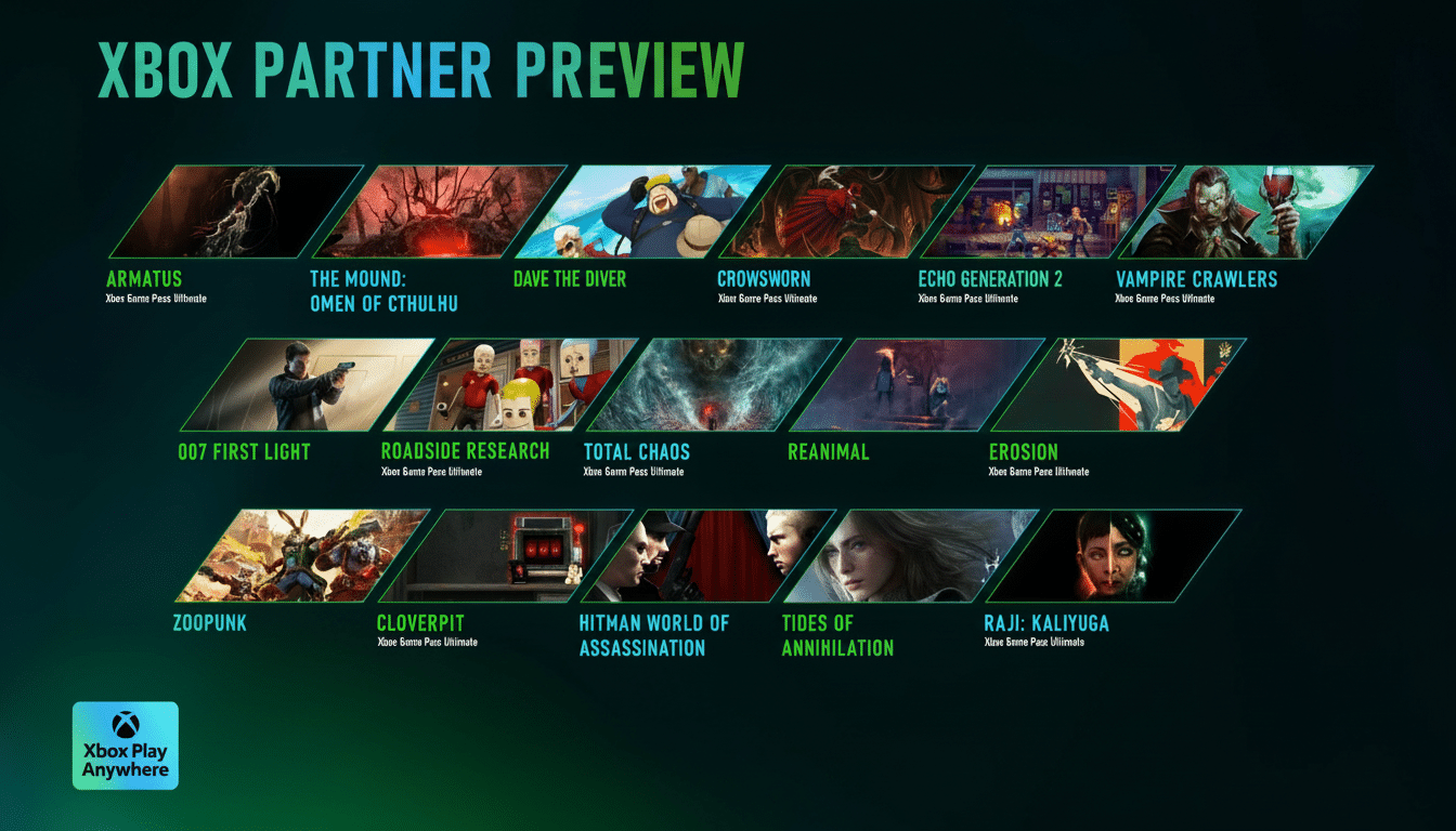 A resized and enhanced image of the Xbox Partner Preview lineup, featuring various game titles and their respective key art, presented on a dark green and black gradient background.