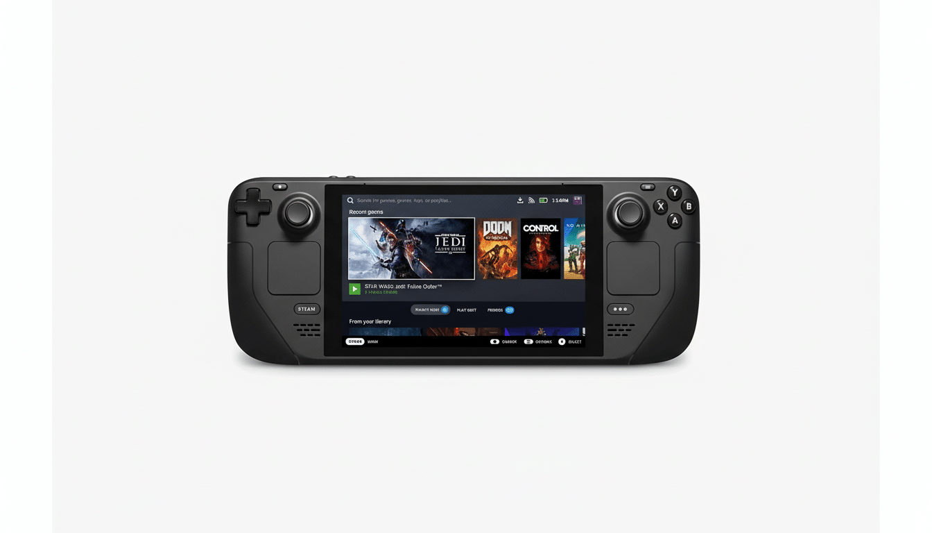 A black Steam Deck handheld gaming console is centered on a white background, displaying its home screen with various game titles.