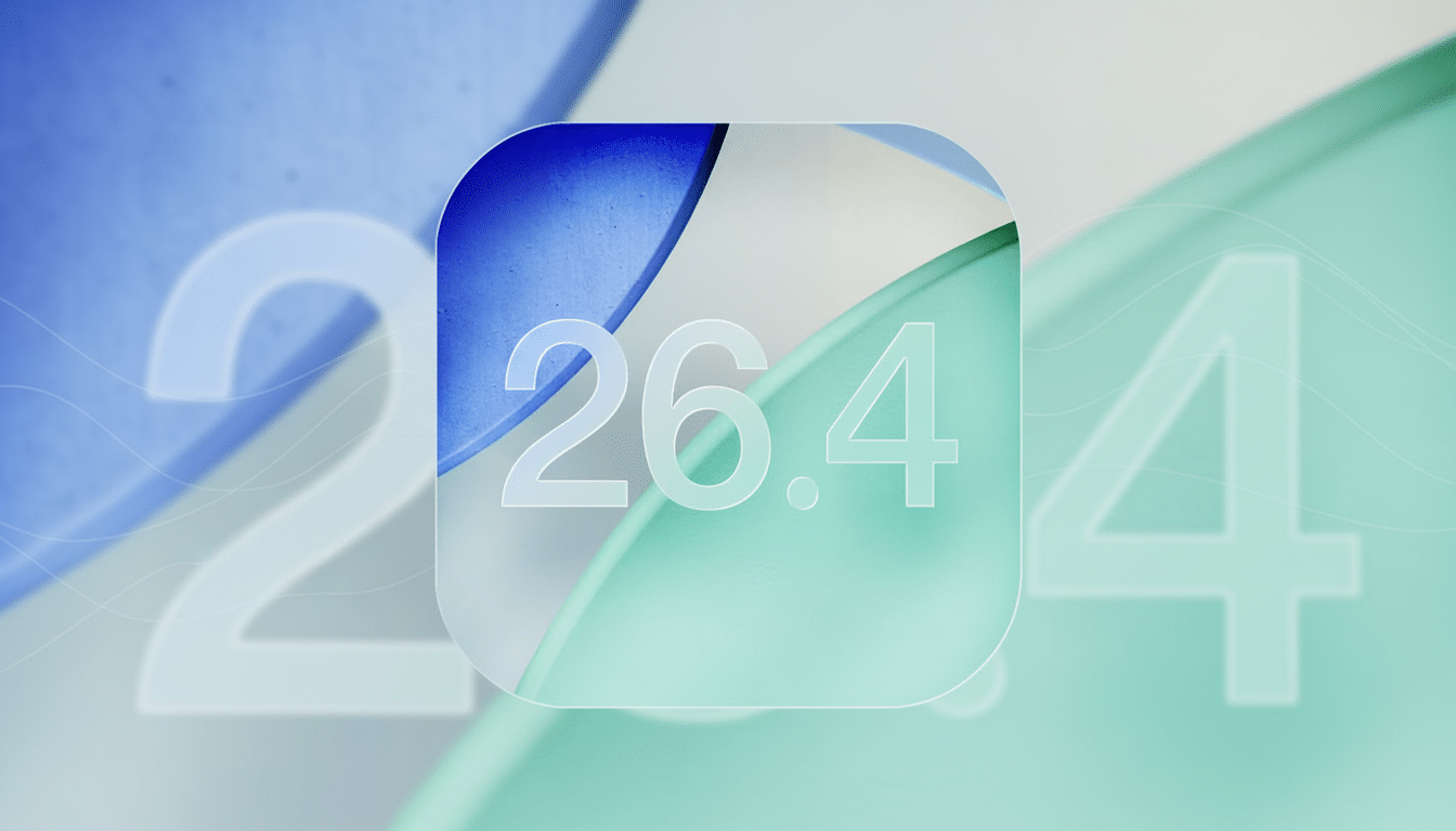 A professional image with a 16:9 aspect ratio, featuring a central rounded square icon with the numbers 26.4 in white. The icon has a background of soft blue and green abstract shapes. The overall background is a blurred gradient of blue and green, with subtle, lighter 26 and 4 elements faintly visible on the left and right, respectively, and a delicate wavy pattern.