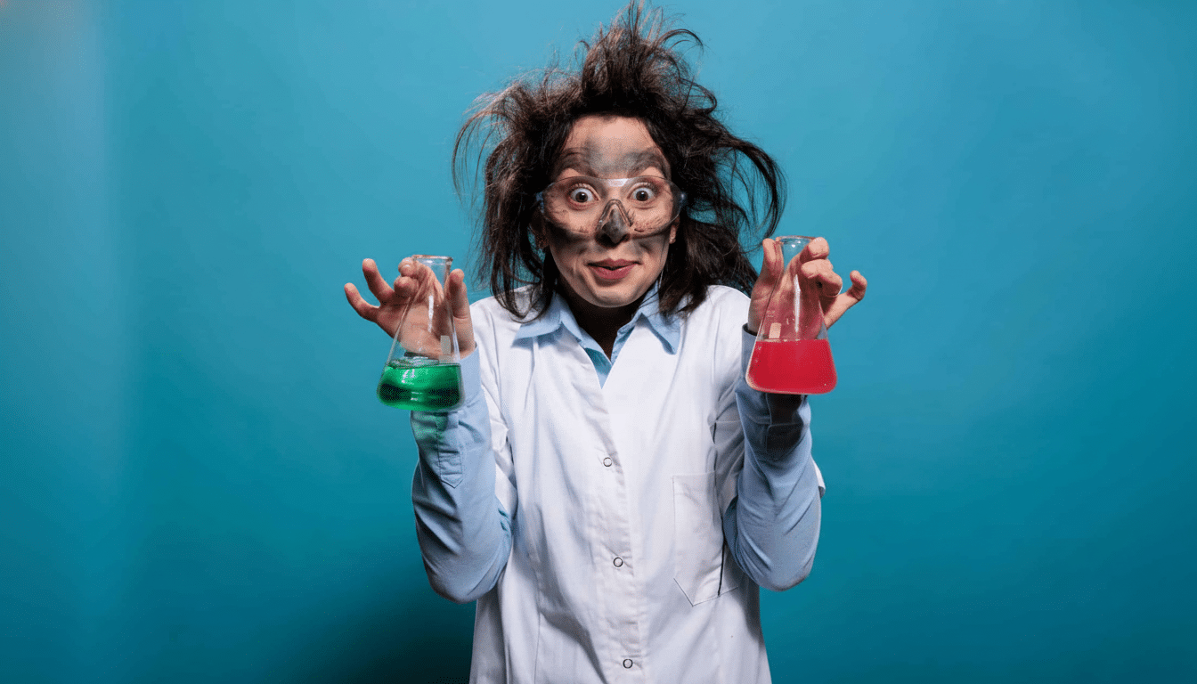 A female scientist with messy hair and a smudged face, wearing safety goggles and a lab coat, holds two beakers with green and red liquids, looking surprised.