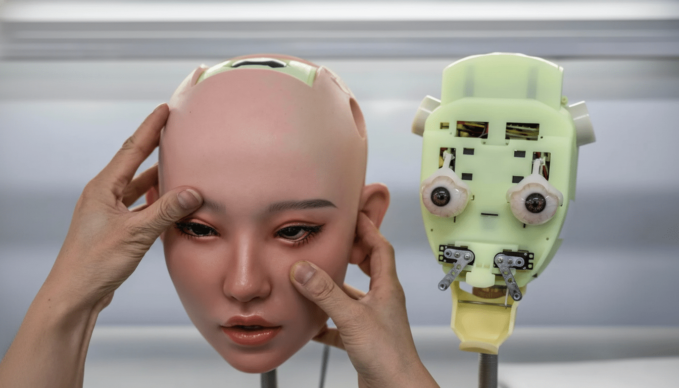 A persons hands adjust the face of a realistic humanoid robot head, with another robot head mechanism visible to the right.
