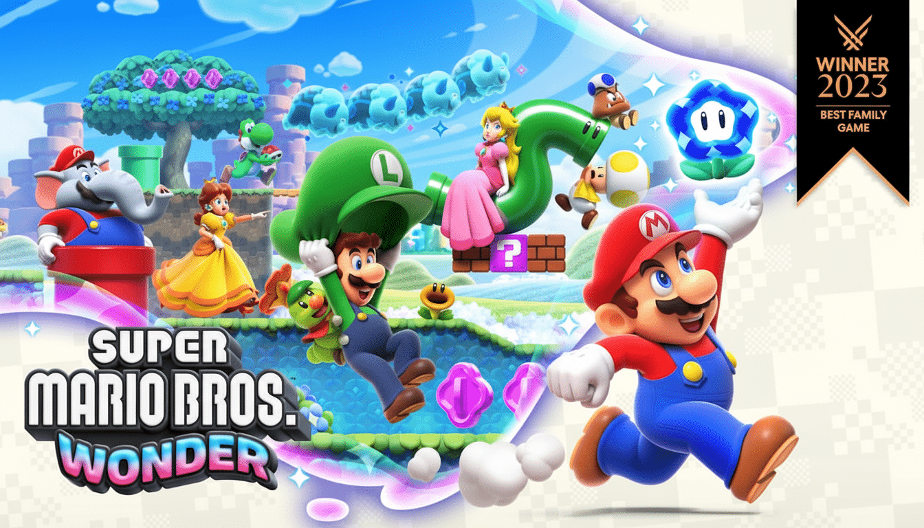 The Super Mario Bros. Wonder game cover, featuring Mario, Luigi, Princess Peach, Daisy, Yoshi, and other characters in a vibrant, fantastical landscape. The game won Best Family Game in 2023.