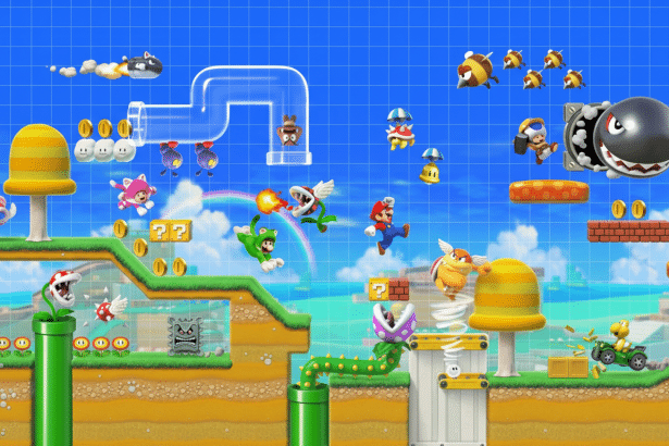 A vibrant Super Mario Maker 2 level featuring various characters and elements from the game, including Mario, Luigi, enemies, power-ups, and level structures, set against a blue grid background with a subtle rainbow.