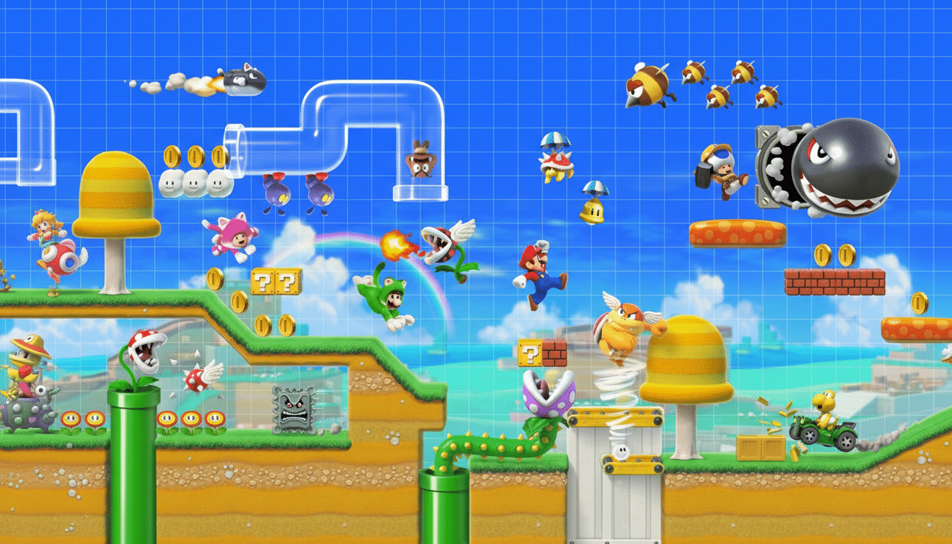A vibrant Super Mario Maker 2 level featuring various characters and elements from the game, including Mario, Luigi, enemies, power-ups, and level structures, set against a blue grid background with a subtle rainbow.