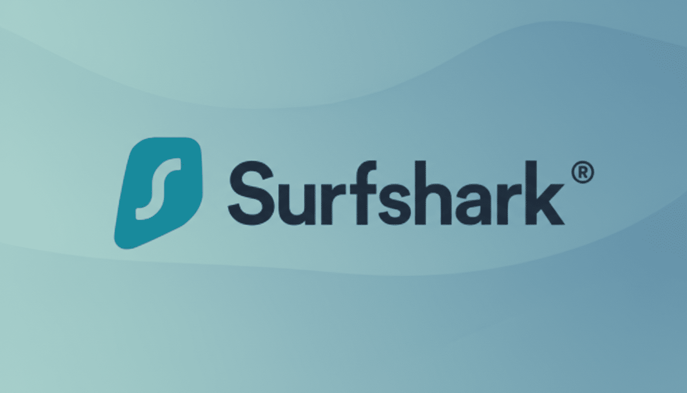 The Surfshark logo, featuring a teal stylized S icon next to the word Surfshark in dark gray, presented on a professional light blue background with subtle wave-like patterns.