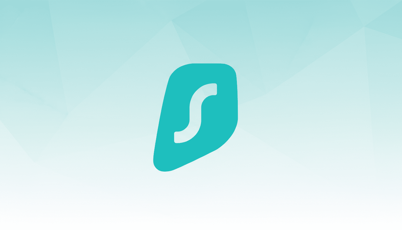 A teal, shield-like shape with a white stylized S in the center, set against a light blue gradient background with subtle geometric patterns.