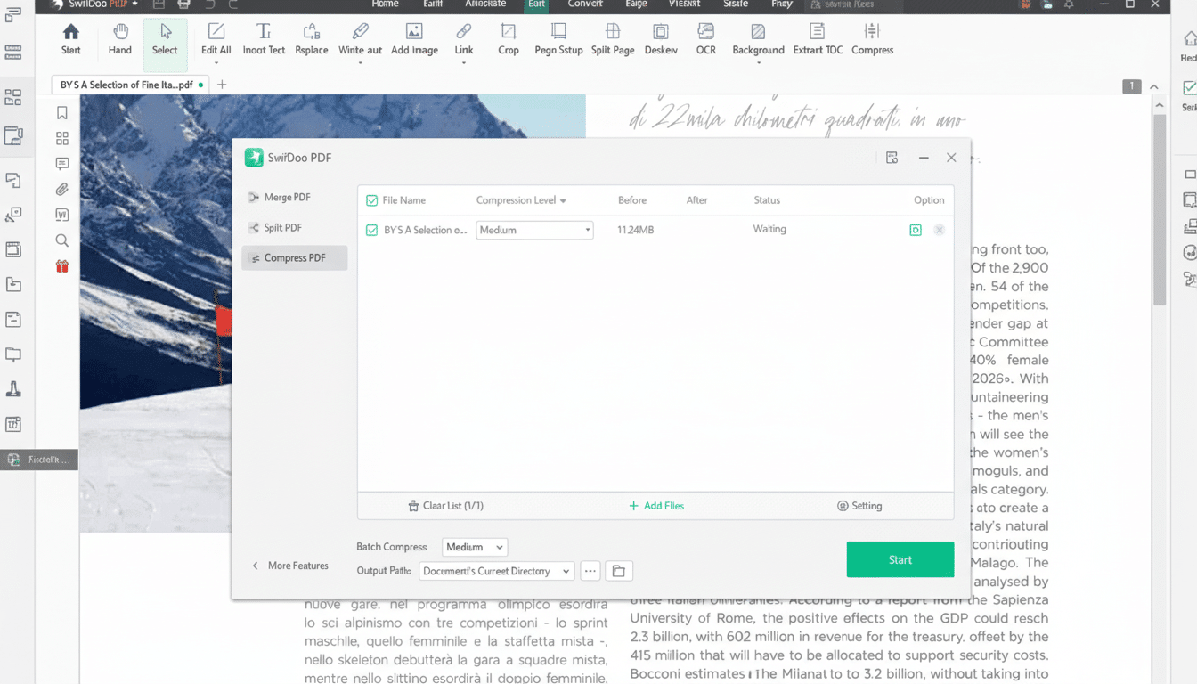 A screenshot of the SwifDoo PDF application with a compression dialog box open, showing options for merging, splitting, and compressing PDF files.