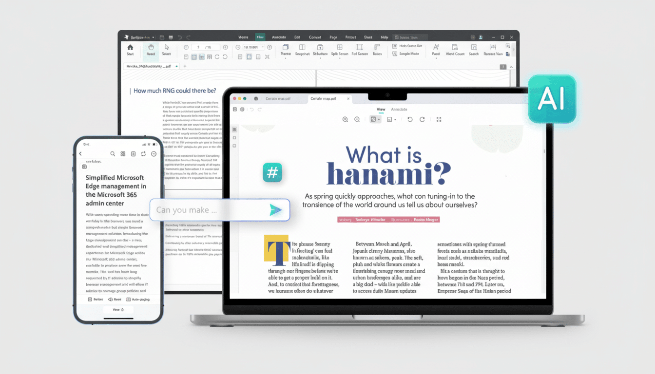A laptop and a smartphone displaying various digital documents and applications, with a floating AI icon.