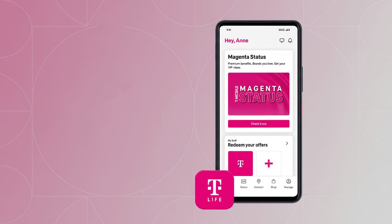 A smartphone displaying the T-Mobile app with Magenta Status and Redeem your offers sections, alongside a T-Mobile Life app icon, all set against a professional pink geometric background.