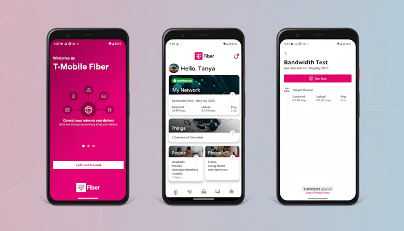Three smartphones displaying the T-Mobile Fiber app interface, set against a professional flat design background with soft pink and blue gradients.