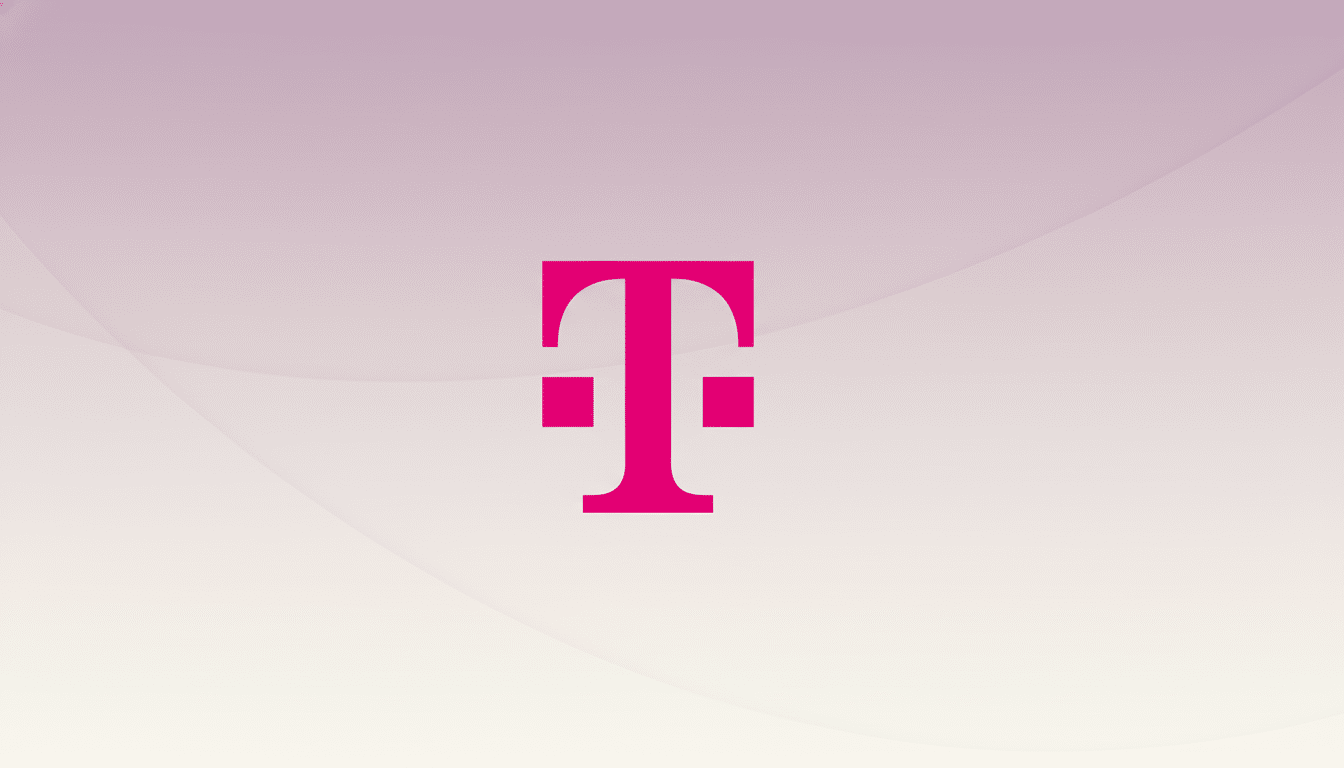 The T-Mobile logo, a bold magenta capital T with two smaller magenta squares on either side of its base, centered on a professional 16:9 aspect ratio background with a soft, light pink and white gradient and subtle, wavy patterns.