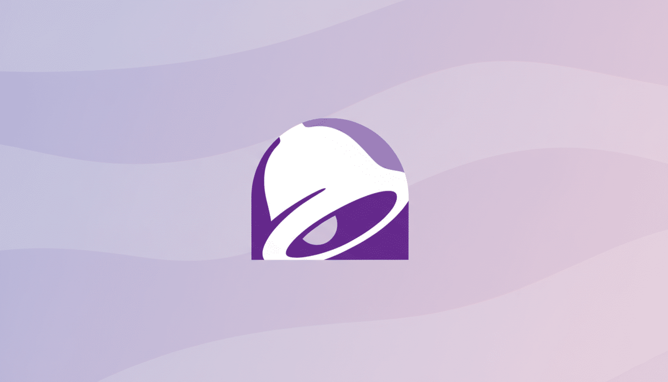 The Taco Bell logo, a stylized purple bell, centered on a soft gradient background with subtle wave patterns, resized to a 16:9 aspect ratio.
