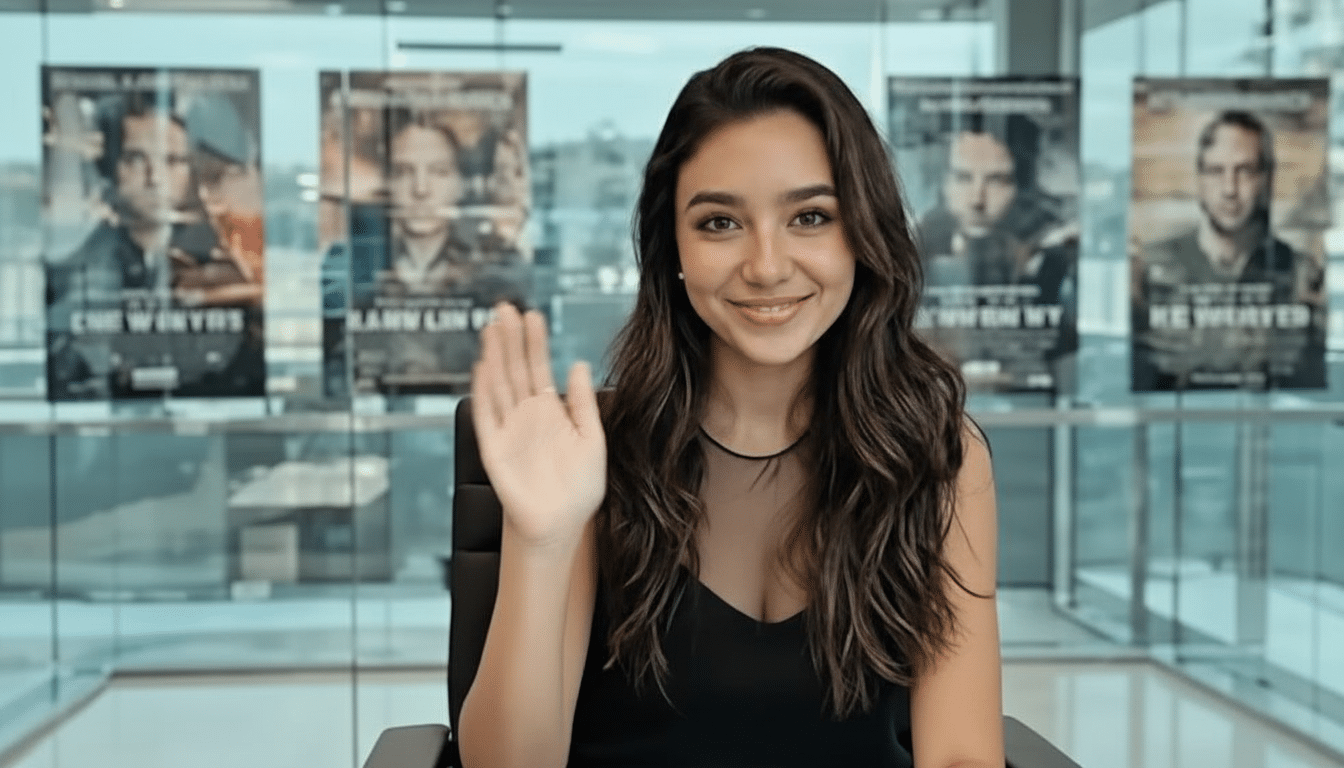 A young woman with long, dark wavy hair, wearing a black top, smiles and waves at the camera. She is seated in an office setting with several movie posters visible in the background through a glass partition.