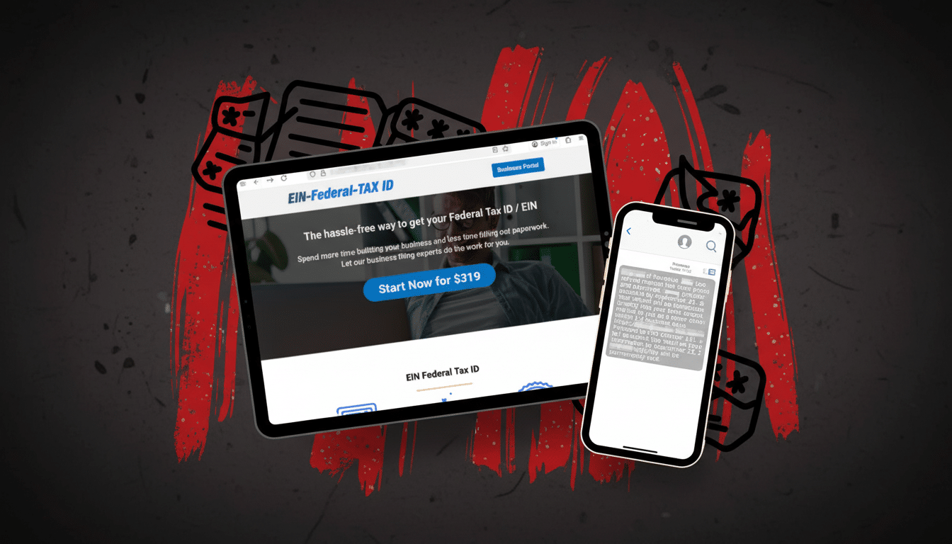 A tablet displaying a Federal Tax ID / EIN website and a smartphone showing a text message, both set against a dark background with red abstract brushstrokes.