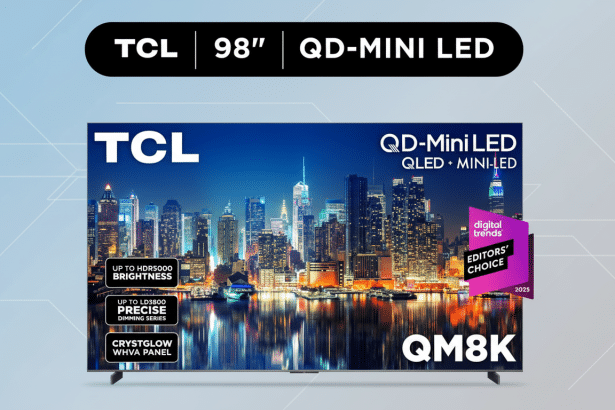 A TCL 98-inch QD-Mini LED television with a cityscape displayed on its screen, set against a professional flat design background with soft patterns and gradients.