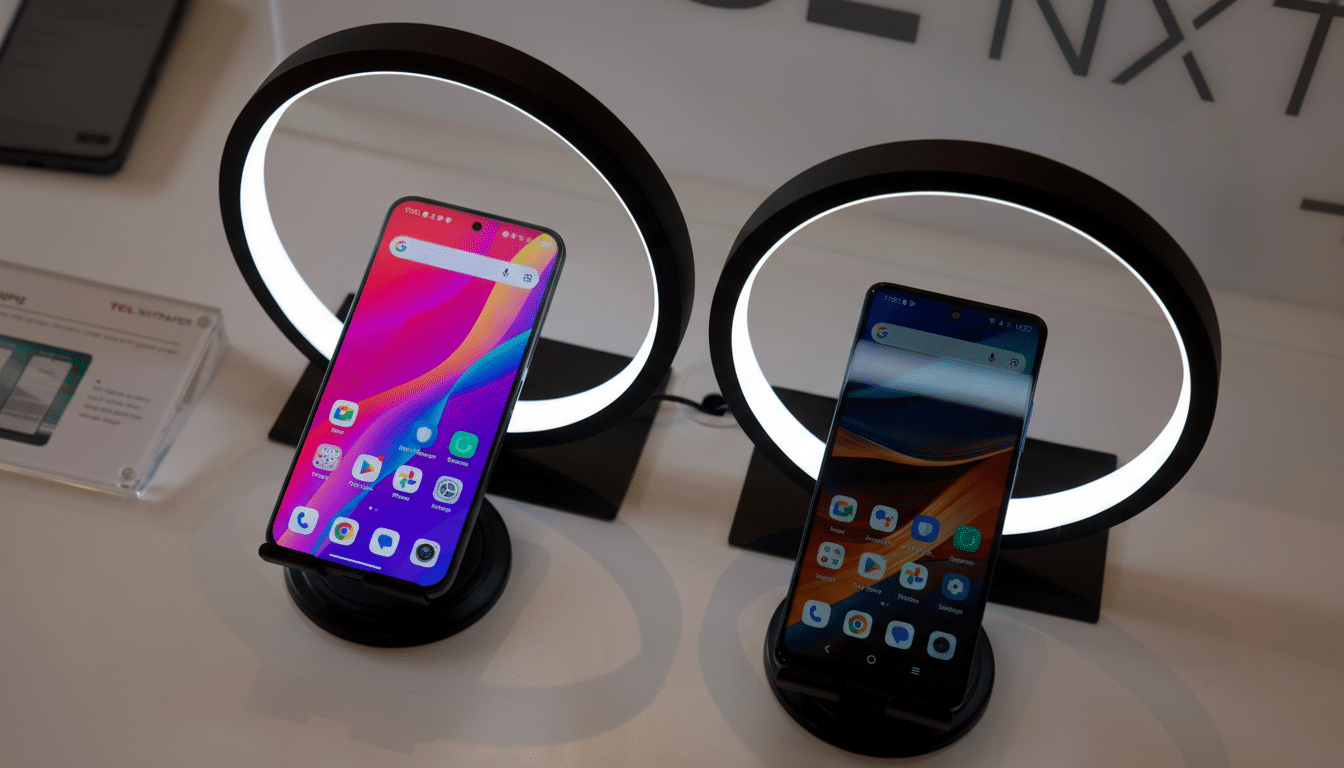 Two smartphones displayed on stands with circular LED lights, showcasing their screens.