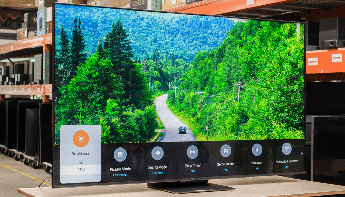 A large flat-screen television displaying a vibrant image of a winding road through a lush green forest, with an on-screen menu overlay showing settings like Brightness, Picture Mode, and Sound Mode.