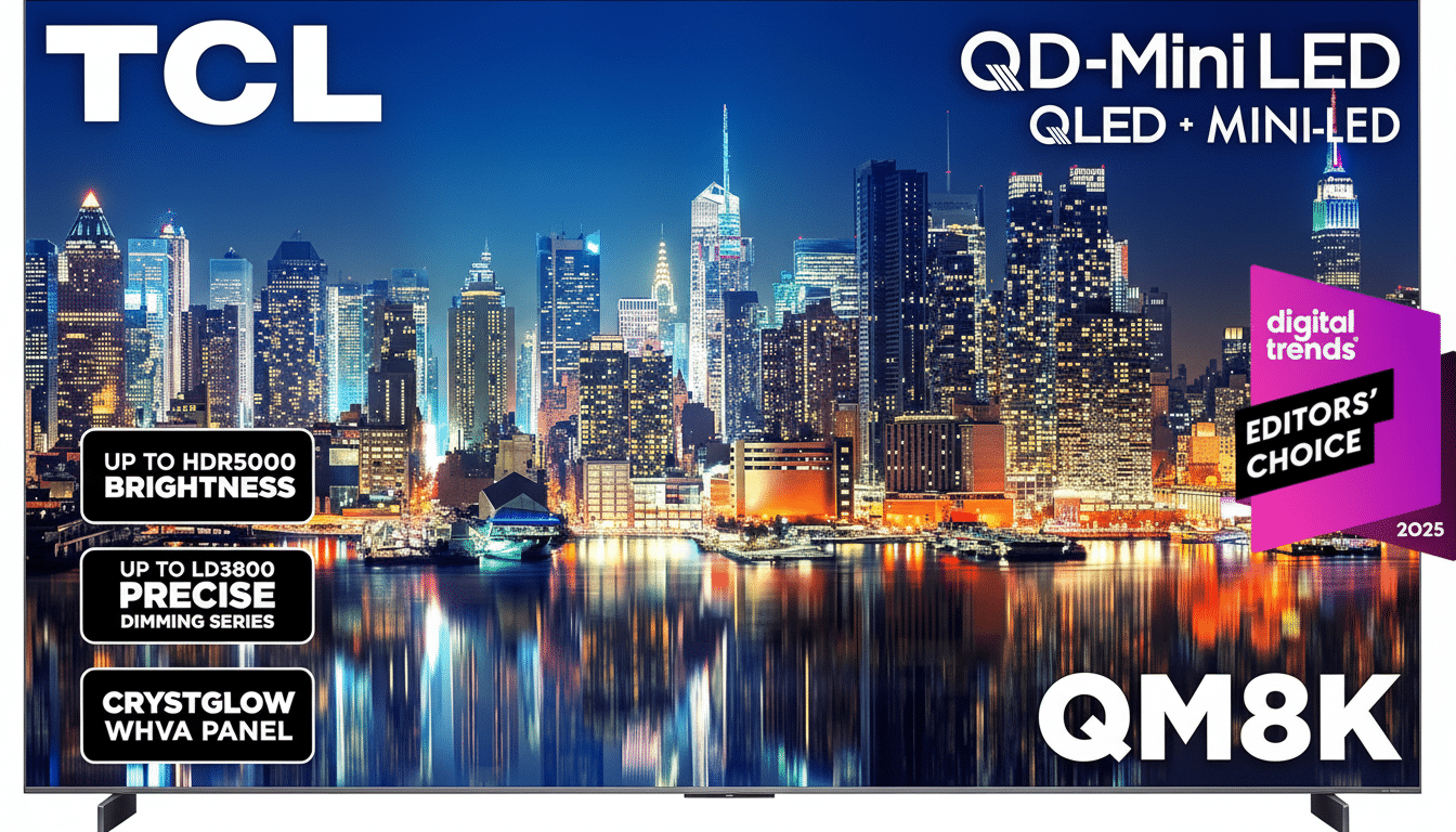 A TCL QD-Mini LED QLED + Mini-LED QM8K television displaying a vibrant cityscape at night, with text overlays highlighting features like UP TO HDR5000 BRIGHTNESS, UP TO LD3800 PRECISE DIMMING SERIES, and CRYSTGLOW WHVA PANEL. A Digital Trends Editors Choice 2025 badge is visible on the right side.