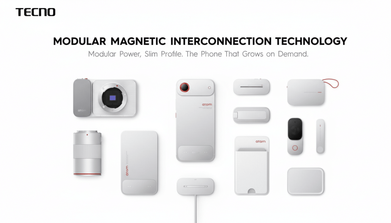A 16:9 aspect ratio image showcasing various white and grey modular phone accessories, including camera lenses, power banks, and other attachments, with the text TECNO MODULAR MAGNETIC INTERCONNECTION TECHNOLOGY Modular Power, Slim Profile. The Phone That Grows on Demand. on a white background.