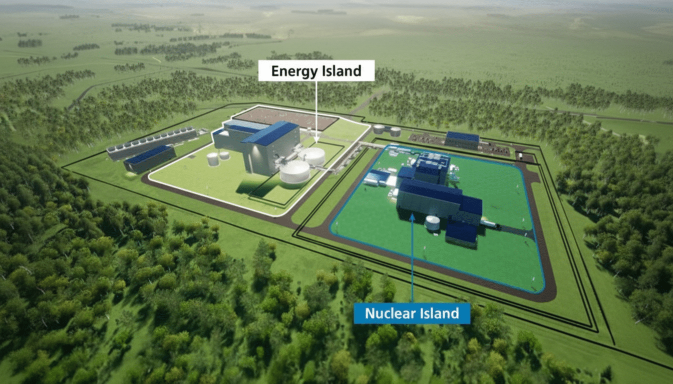 An aerial view of a nuclear power plant facility with two main sections labeled Energy Island and Nuclear Island, surrounded by green landscape and trees.