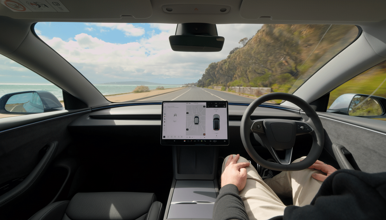 A persons hands are visible on the steering wheel of a Tesla, driving along a coastal road with the ocean on the left and a hillside on the right. The cars central display shows navigation and vehicle information.