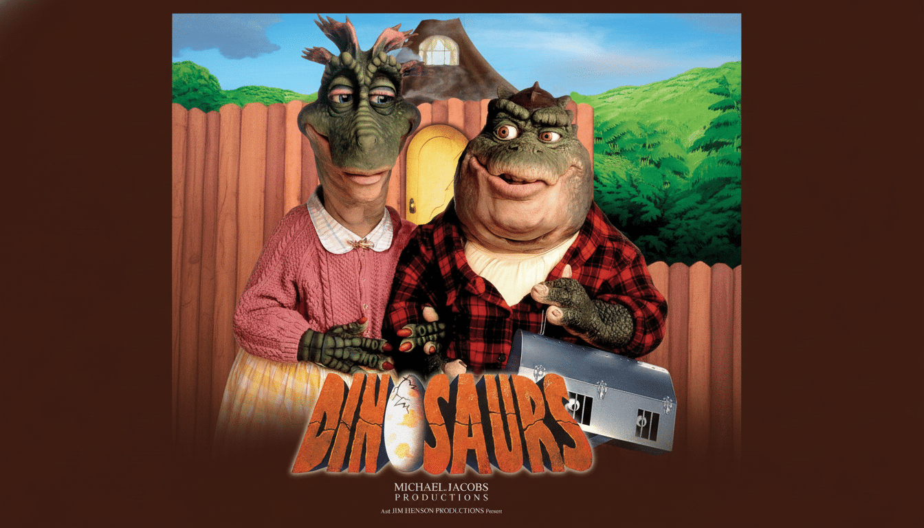 The Dinosaurs TV show poster, featuring two dinosaur characters, a female in a pink sweater and a male in a red plaid shirt, standing in front of a fence with a house in the background. The title DINOSAURS is prominently displayed at the bottom.