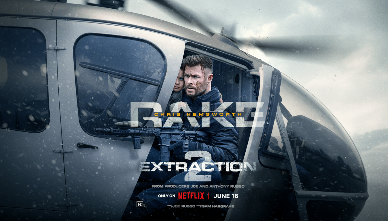 The movie poster for Extraction 2, featuring Chris Hemsworth holding a rifle in a helicopter with a child behind him, resized to a 16:9 aspect ratio.