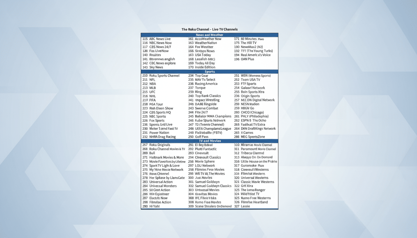 A professionally enhanced image of a TV channel listing for The Roku Channel - Live TV Channels with a 16:9 aspect ratio. The original channel list is preserved, set against a new, clean background featuring soft blue and grey gradients with subtle, abstract patterns.