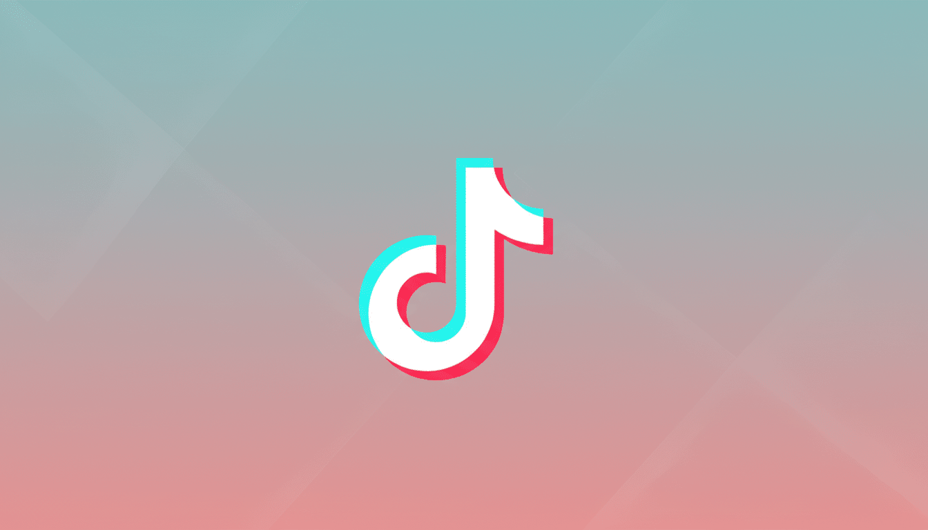 The TikTok logo, a white musical note with cyan and red shadows, centered on a professional 16:9 aspect ratio background with a soft gradient from light blue to light pink and subtle geometric patterns.