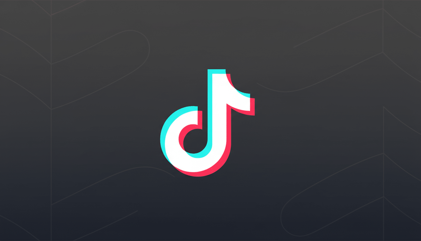 The TikTok logo, a white musical note with cyan and red shadows, centered on a dark gray background with subtle, abstract patterns.