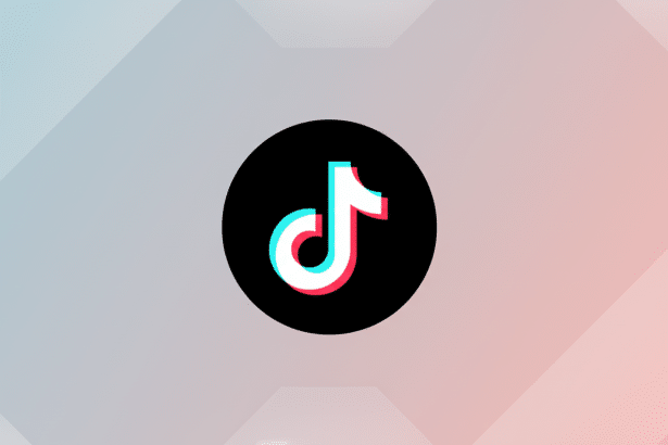 The TikTok logo, a white musical note with cyan and red shadows, centered on a black circle. The background is a professional flat design with soft gray and pink gradients and subtle geometric patterns.