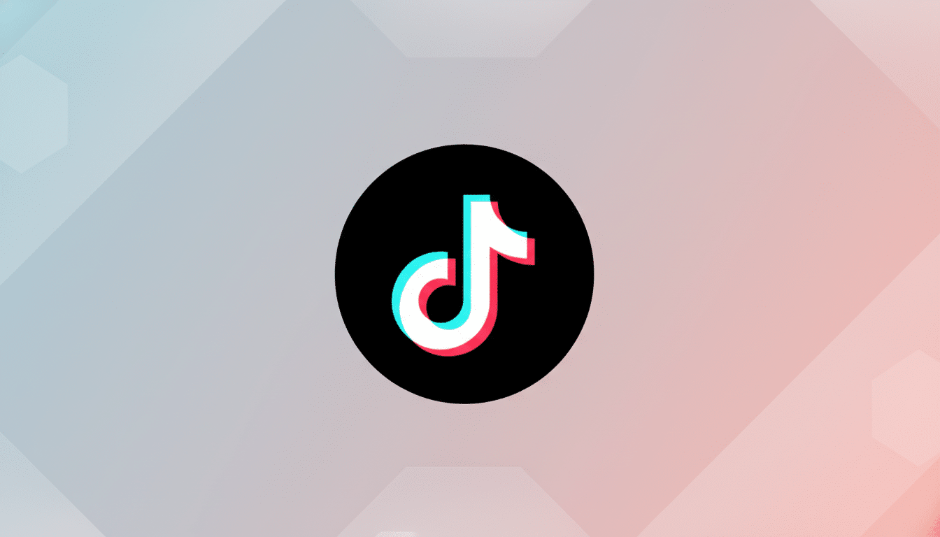 The TikTok logo, a white musical note with cyan and red shadows, centered on a black circle. The background is a professional flat design with soft gray and pink gradients and subtle geometric patterns.