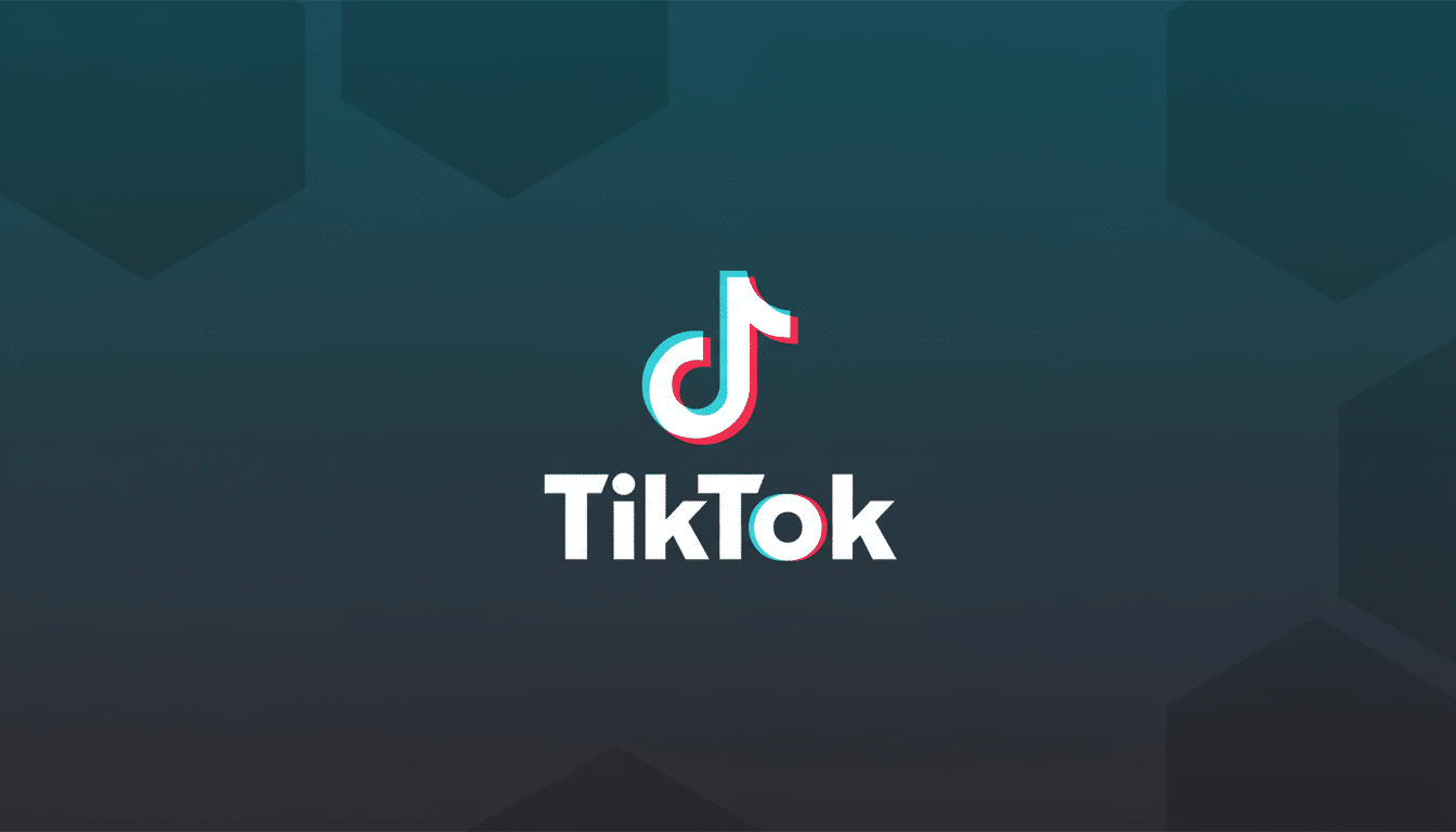 The TikTok logo, featuring a white musical note icon with cyan and red shadows, and the word TikTok in white, centered on a dark teal background with subtle hexagonal patterns.