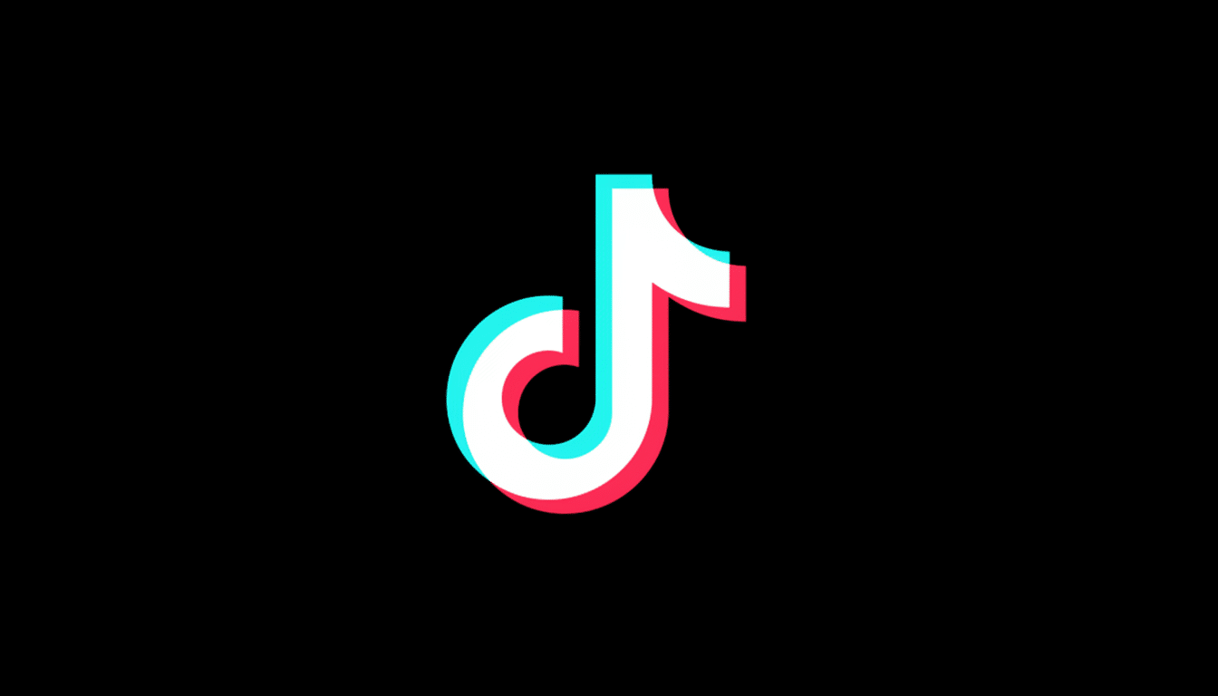 The TikTok logo, a white musical note with cyan and red shadows, centered on a black background, resized to a 16:9 aspect ratio.