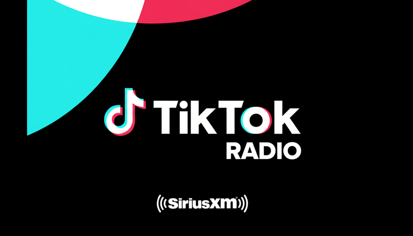 The TikTok Radio and SiriusXM logos on a black background with abstract pink and blue shapes in the top corners, resized to a 16:9 aspect ratio.