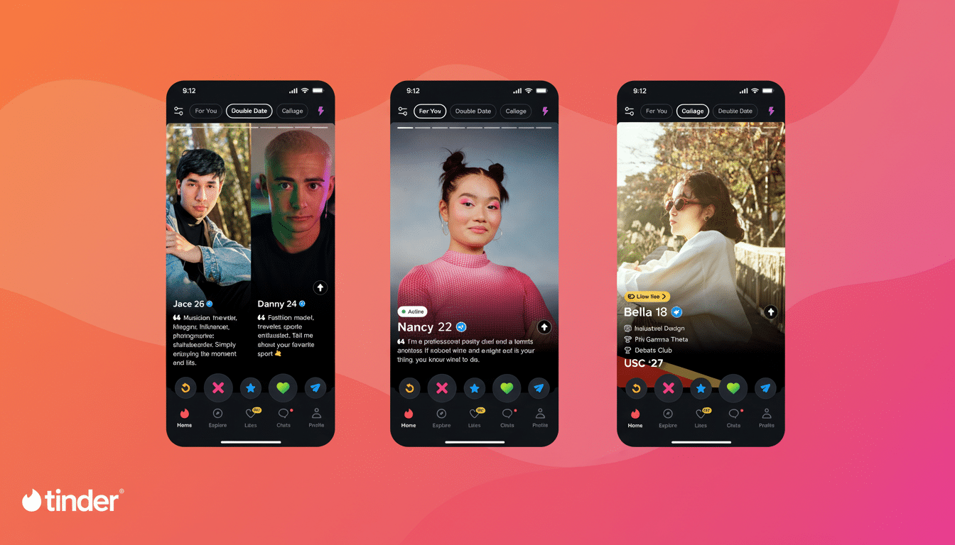 Three Tinder profiles displayed on smartphones, showcasing different individuals and their bios, with the Tinder logo in the bottom left corner.