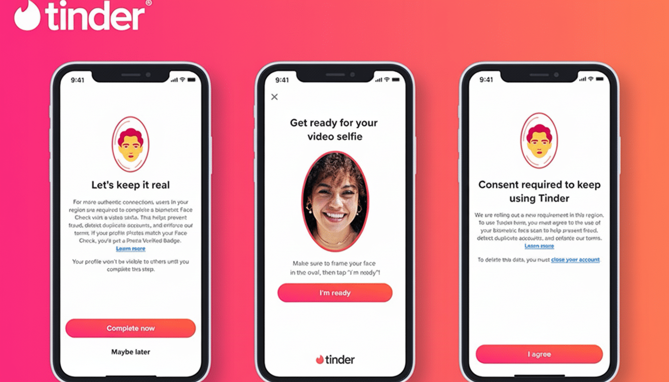Three iPhones displaying Tinders biometric face verification process, with a womans face in the center phone.