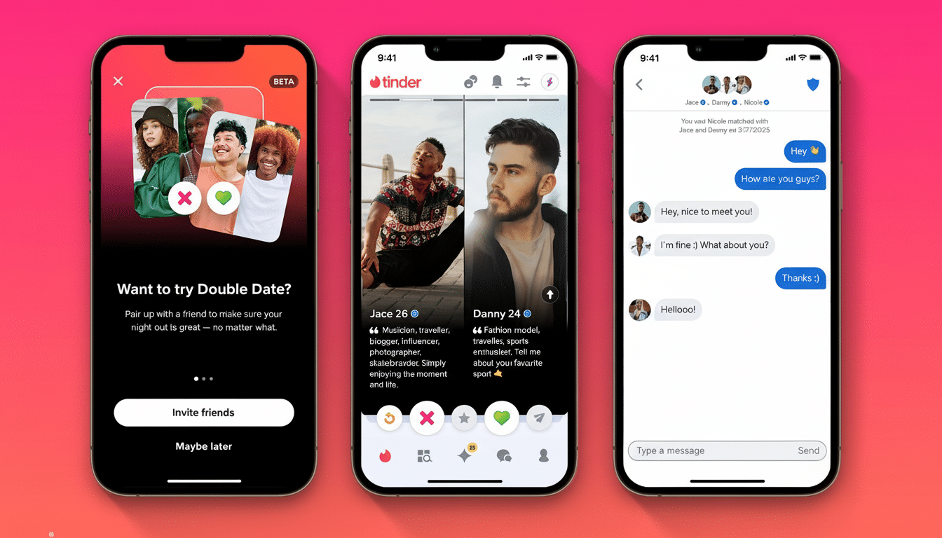 Three iPhones displaying the Tinder app interface. The left phone shows a Double Date feature invitation. The middle phone displays two user profiles, Jace and Danny. The right phone shows a chat conversation.