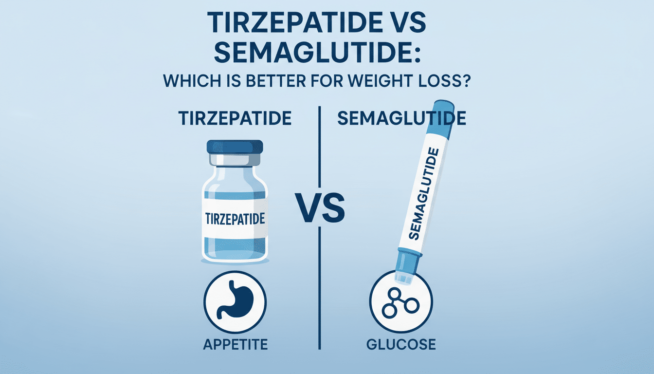 An infographic comparing Tirzepatide and Semaglutide for weight loss, showing a vial of Tirzepatide associated with Appetite and a Semaglutide pen associated with Glucose.