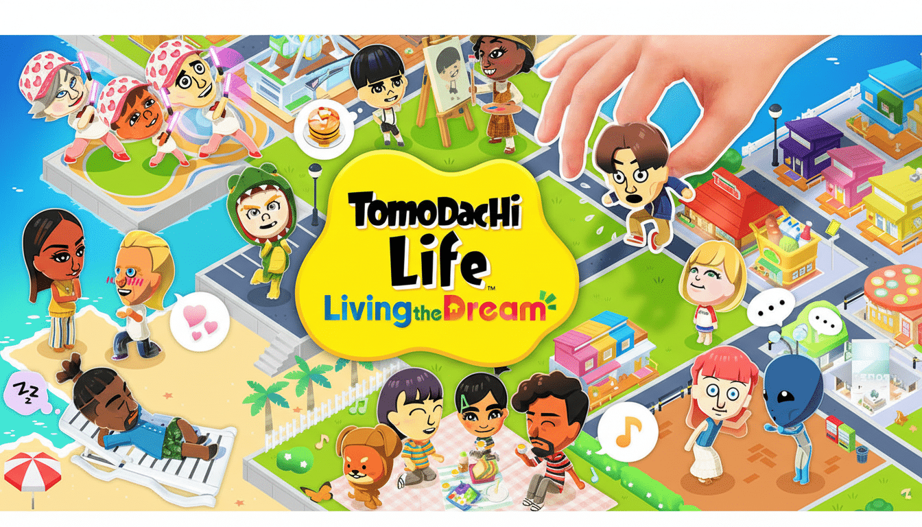 The Tomodachi Life: Living the Dream logo is centered on a vibrant, cartoonish island scene. Various Mii characters are depicted in different activities around the island, including relaxing on a beach, painting, and interacting with each other. A large hand is shown reaching into the frame, holding one of the Mii characters. The image has been resized to a 16:9 aspect ratio.
