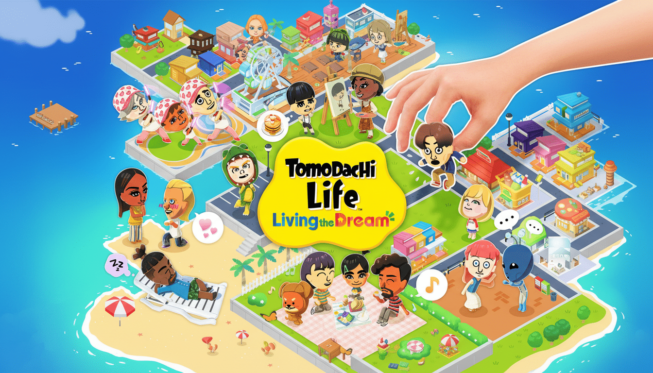 The Tomodachi Life: Living the Dream logo is centered on a vibrant, cartoon-style island with various characters engaged in different activities.